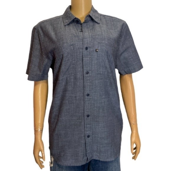 JUNK FOOD Hughes Button Up Shirt Short Sleeve heathery look Blue size Small - Picture 2 of 11